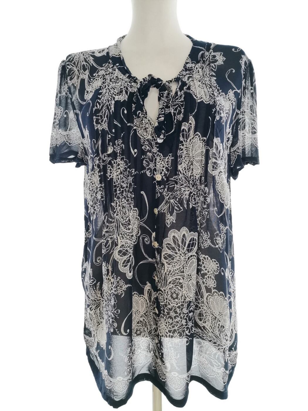 Monsoon Rozmiar 12 (40) Kolor Granatowy Keyhole Crew Neck Bluzka Krótki rękaw Materiał Wiskoza 100%