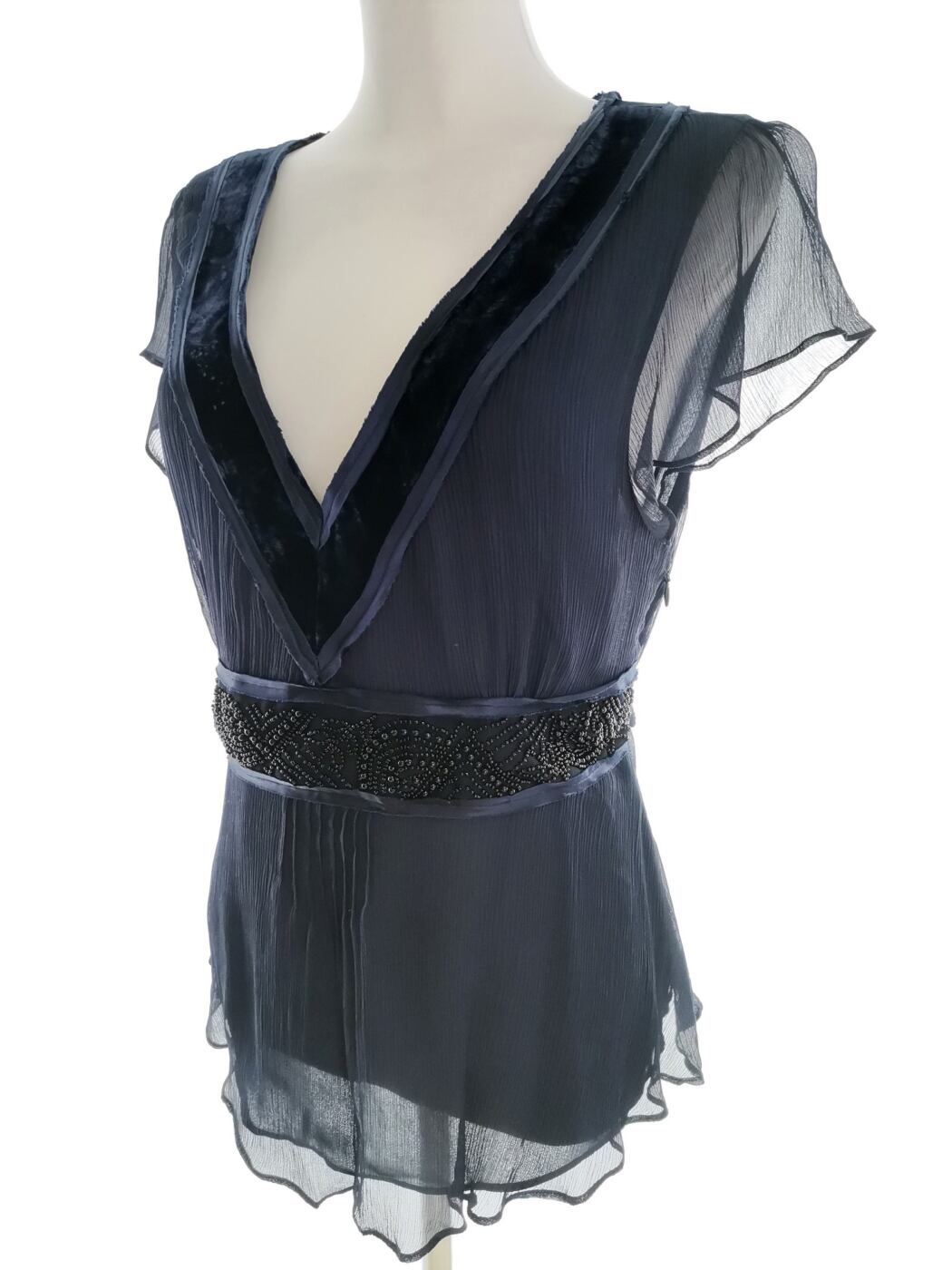 IMG_20220620_121149.jpg Limited Collection Rozmiar 16 (44) Kolor Granatowy W serek Bluzka Peplum Krótki rękaw Materiał Jedwab 100%