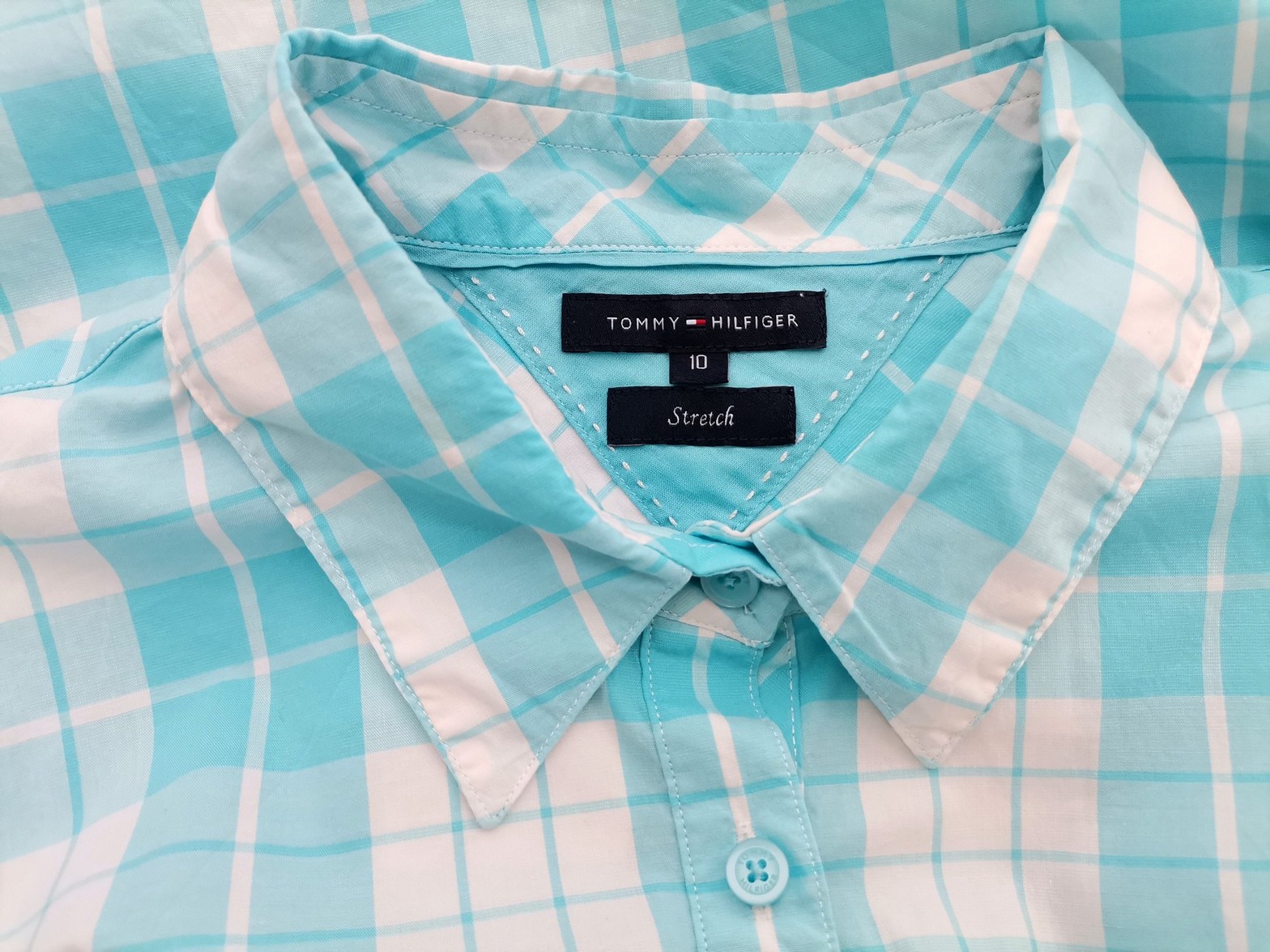 IMG_20220622_142939.jpg Tommy hilfiger Rozmiar 10 (38) Kolor Niebieski Krata Kołnierz Koszula Zapinana Bluzka Krótki rękaw