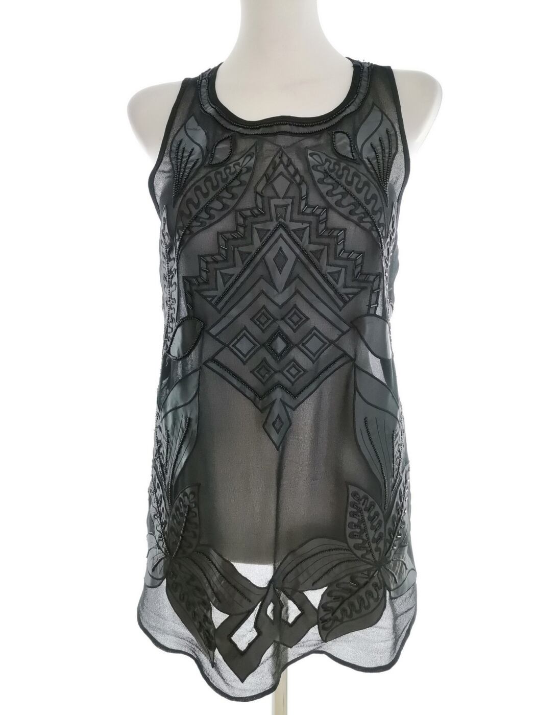 River island Rozmiar 8 (34) Kolor Czarny Geometryczny Okrągły dekolt Tunika Bluzka Bezrękawnik