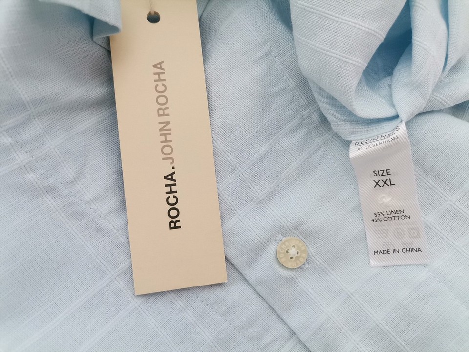 IMG_20220704_095913.jpg Rocha. John Rocha Rozmiar XXL Kolor Niebieski Krata Kołnierz Męska Koszula Casual Krótki rękaw Materiał Len