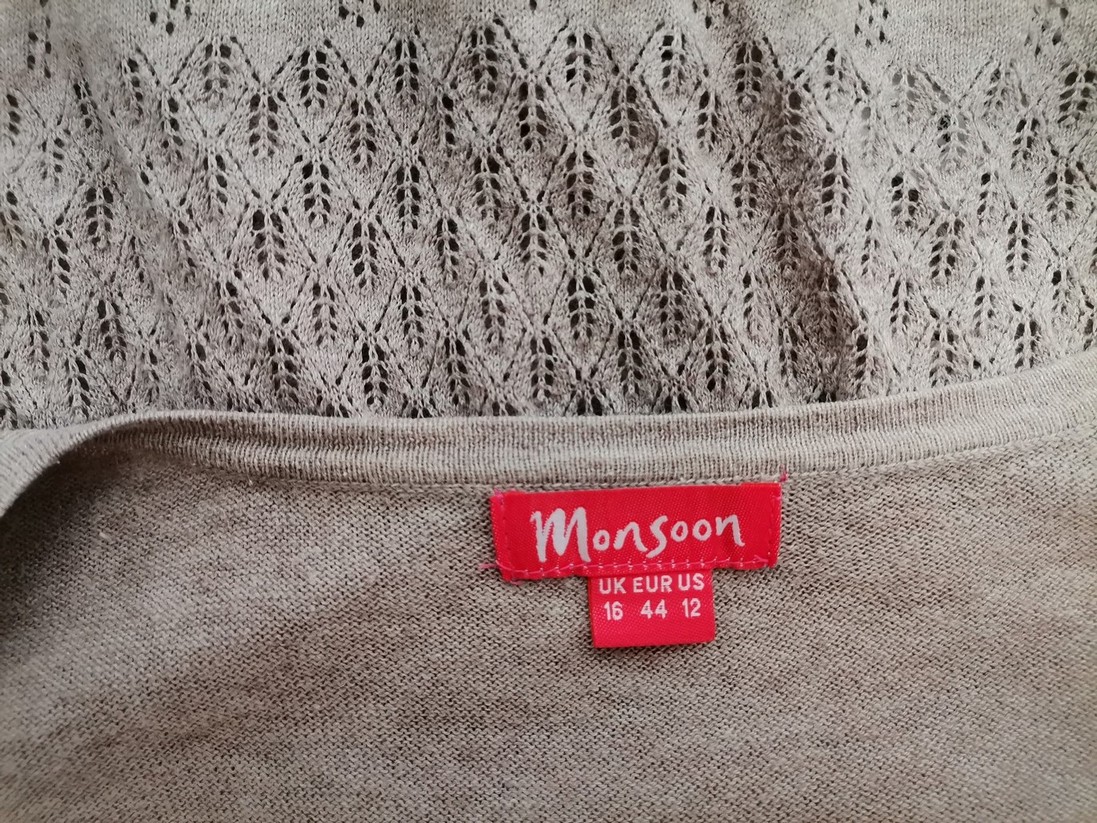Monsoon Rozmiar 16 (44) Kolor Beżowy Split Crew Neck Kardigan Zapinany Rękaw 3/4 Materiał Bawełna 100% Otwarta dzianina