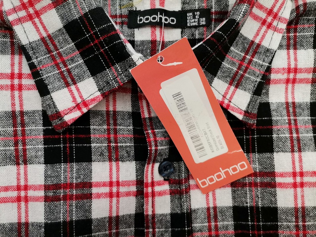 Boohoo Rozmiar 10 (38) Kolor Czarny Krata Kołnierz Tunika Zapinana Bluzka Długi rękaw Materiał Bawełna Boohoo Rozmiar 10 (38) Kolor Czarny Krata Kołnierz Tunika Zapinana Bluzka Długi rękaw Materiał Bawełna