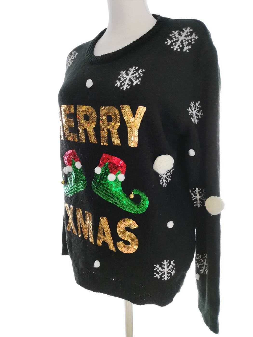 Merry Christmas Rozmiar 46/48 Kolor Czarny Crew Neck Sweter Świąteczny Gwiazdka Długi rękaw Cienka dzianina