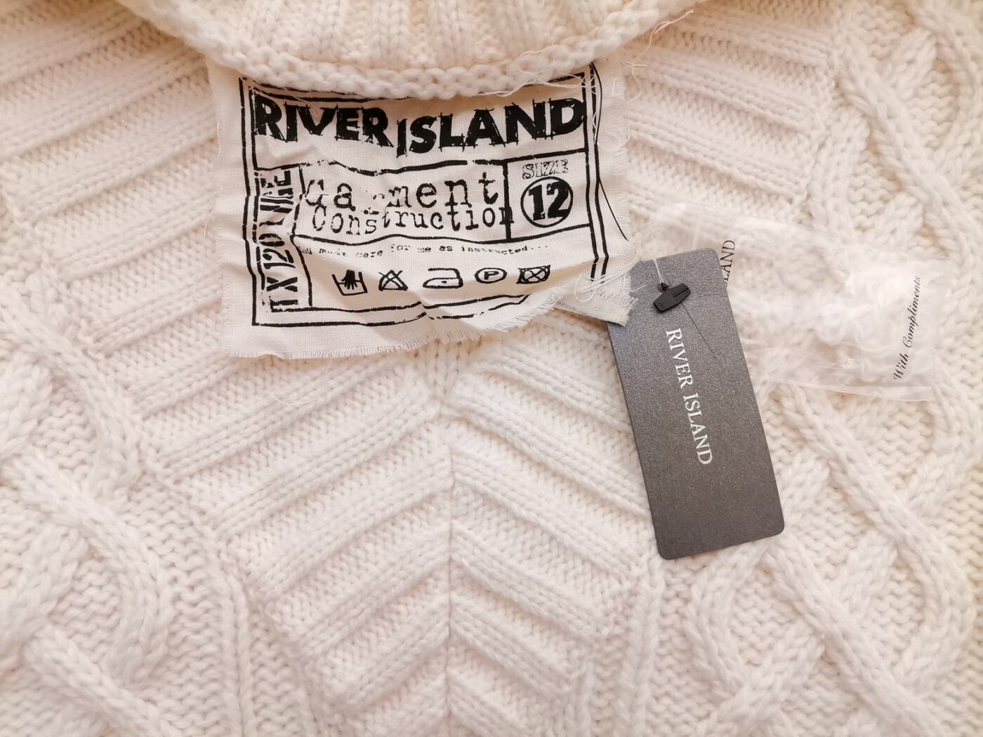 River island Rozmiar 12 (38) Kolor Kremowy Głęboki Serek Tunika Bluzka Dzianina Długi rękaw Materiał Akryl