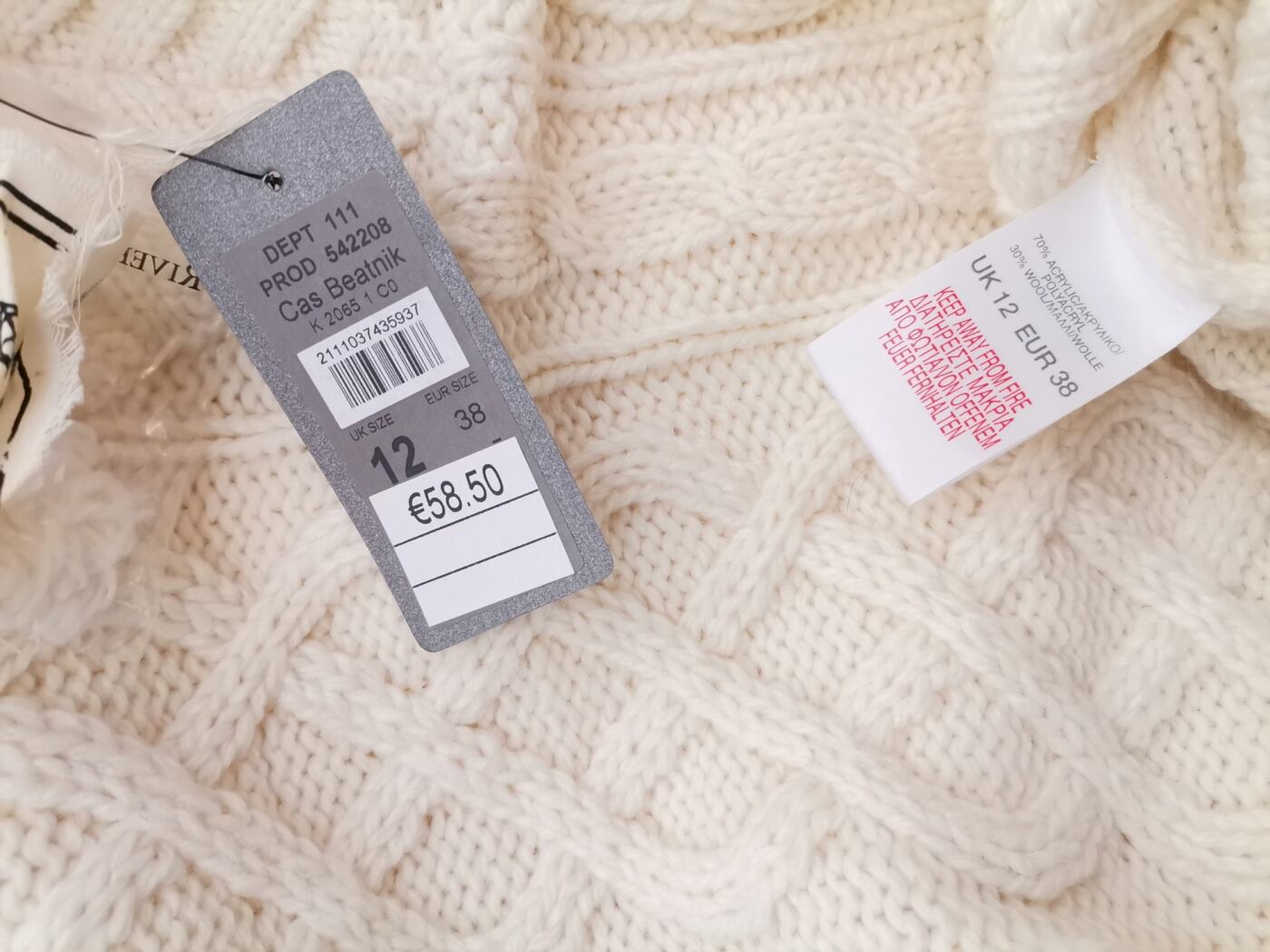 River island Rozmiar 12 (38) Kolor Kremowy Głęboki Serek Tunika Bluzka Dzianina Długi rękaw Materiał Akryl