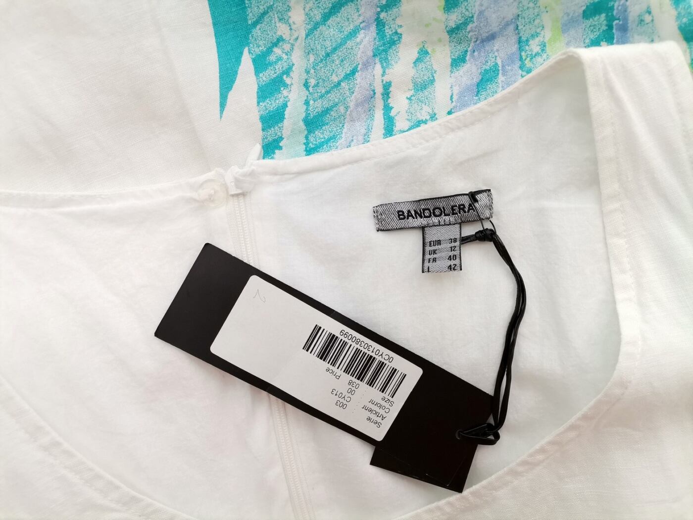 BANDOLERA Rozmiar 38 Kolor Biały Okrągły dekolt Sukienka Letnia Bezrękawnik Midi Materiał Len 100% BANDOLERA Rozmiar 38 Kolor Biały Okrągły dekolt Sukienka Letnia Bezrękawnik Midi Materiał Len 100%