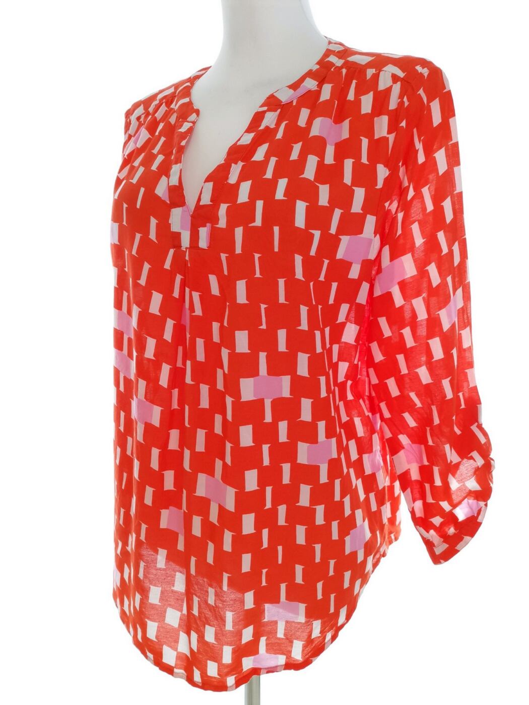 IMG_20220720_125255.jpg Jasper Conran Rozmiar 14 (42) Kolor Pomarańczowy Geometryczny Split Crew Neck Bluzka Rękaw 3/4 Materiał Bawełna
