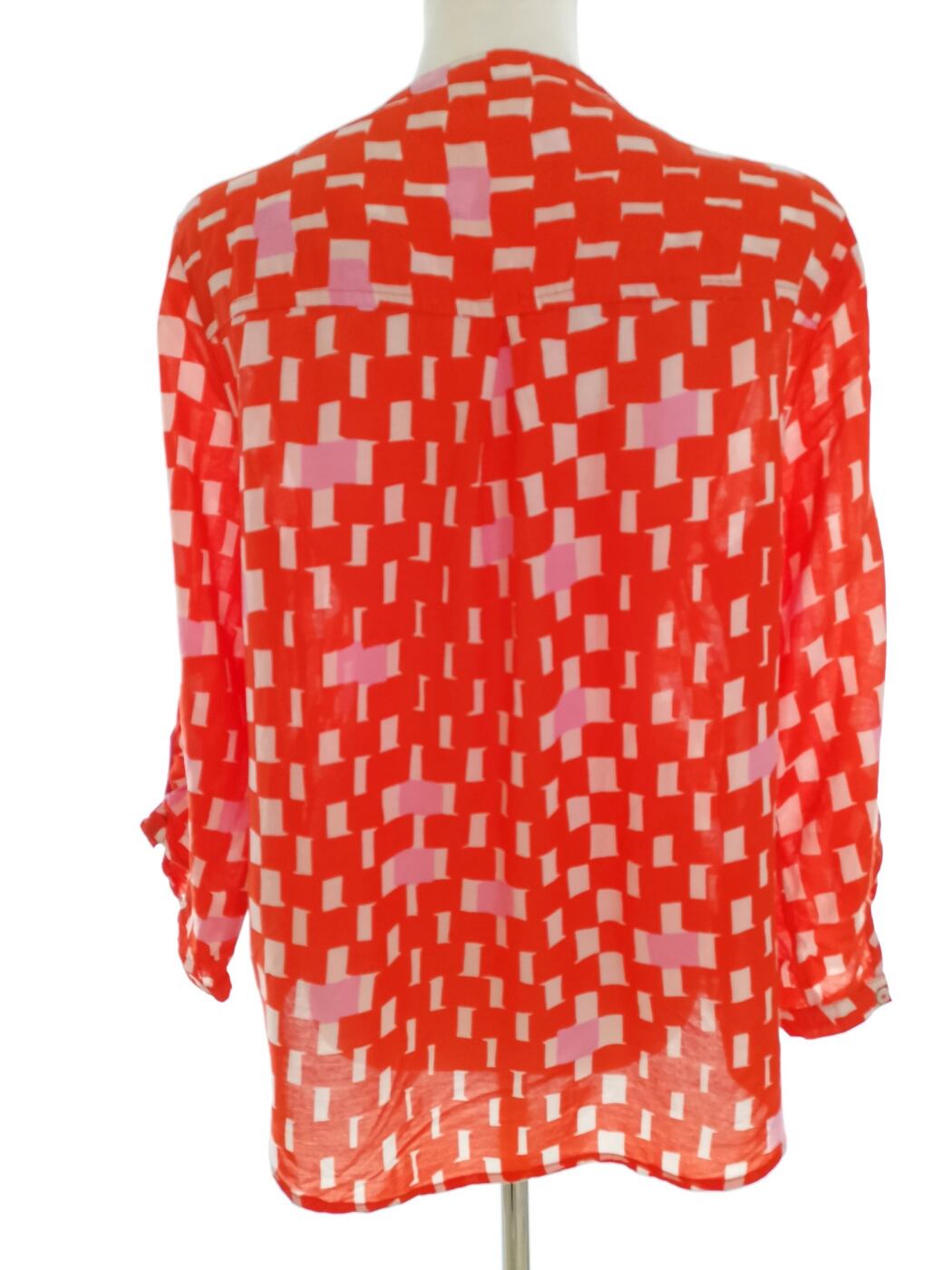 IMG_20220720_125300.jpg Jasper Conran Rozmiar 14 (42) Kolor Pomarańczowy Geometryczny Split Crew Neck Bluzka Rękaw 3/4 Materiał Bawełna
