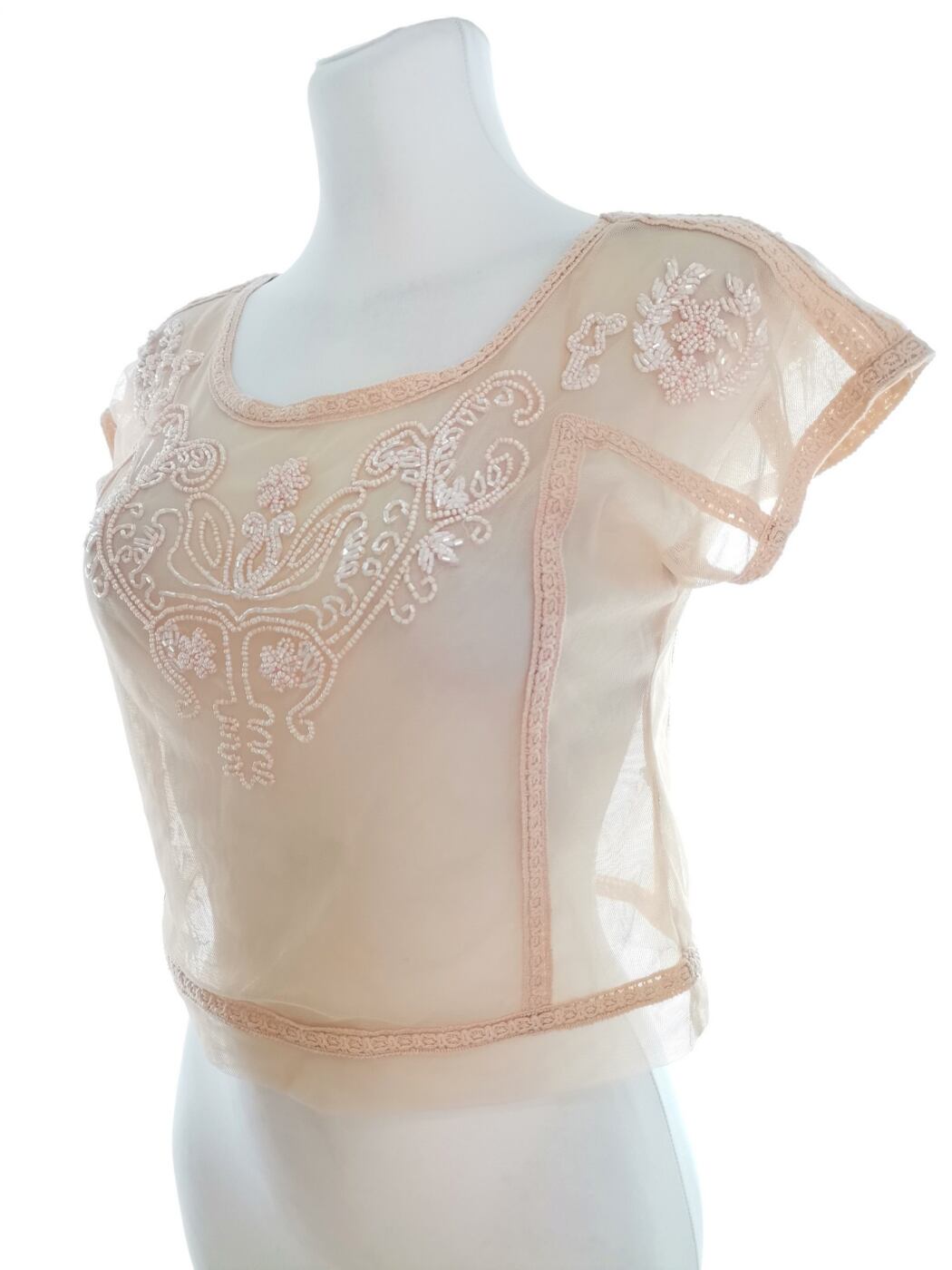 Vintage Rozmiar 34/36 Kolor Kremowy Okrągły dekolt Bluzka Crop Top Krótki rękaw