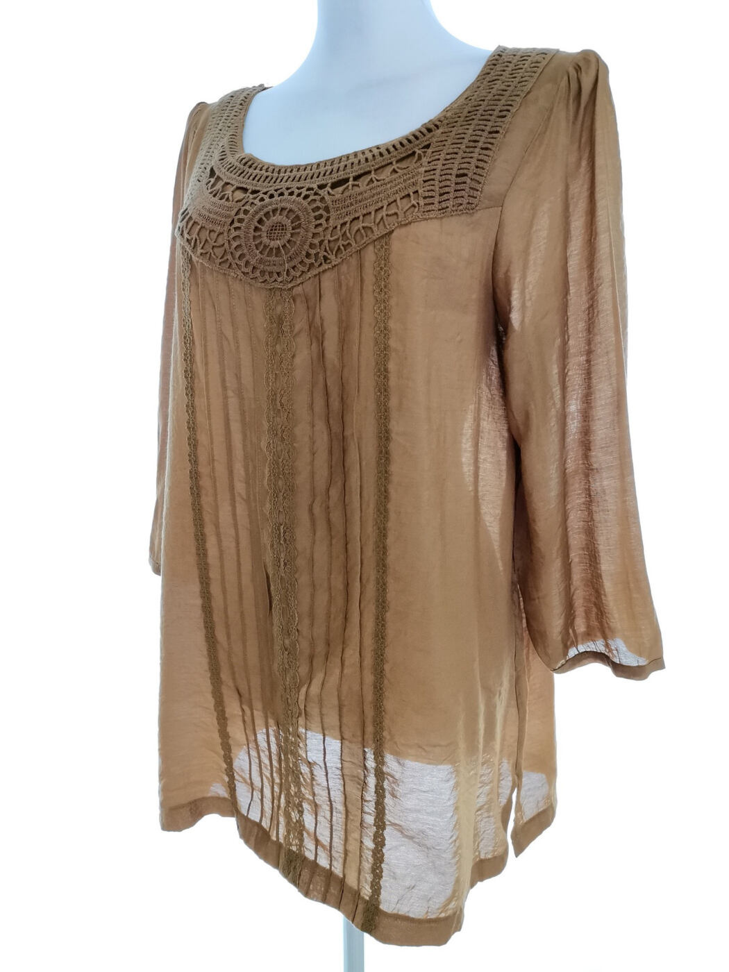 Ofelia Rozmiar M Kolor Brązowy Okrągły dekolt Tunika Bluzka Rękaw 3/4 Materiał Rayon