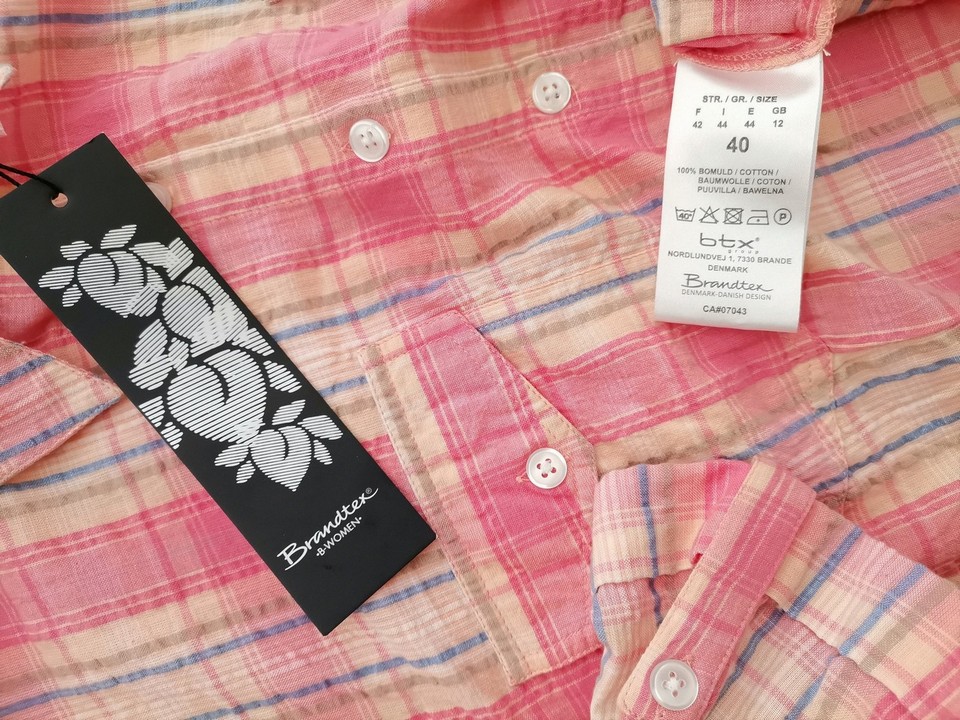 Brandtex Rozmiar 40 Kolor Różowy Krata Kołnierz Koszula Zapinana Bluzka Krótki rękaw Materiał Bawełna 100%