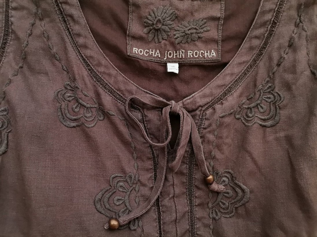 Rocha. John Rocha Rozmiar 14 (42) Kolor Brązowy Okrągły dekolt Sukienka Prostokątna Bezrękawnik Do Kolan Materiał Len 100% Rocha. John Rocha Rozmiar 14 (42) Kolor Brązowy Okrągły dekolt Sukienka Prostokątna Bezrękawnik Do Kolan Materiał Len 100%