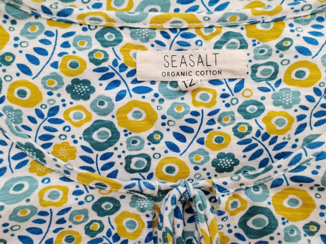 IMG_20220802_123610.jpg Seasalt Rozmiar 12 (40) Kolor Niebieski Roślinny Liście Keyhole Crew Neck Bluzka Rękaw 3/4 Materiał Organiczna Bawełna 100%