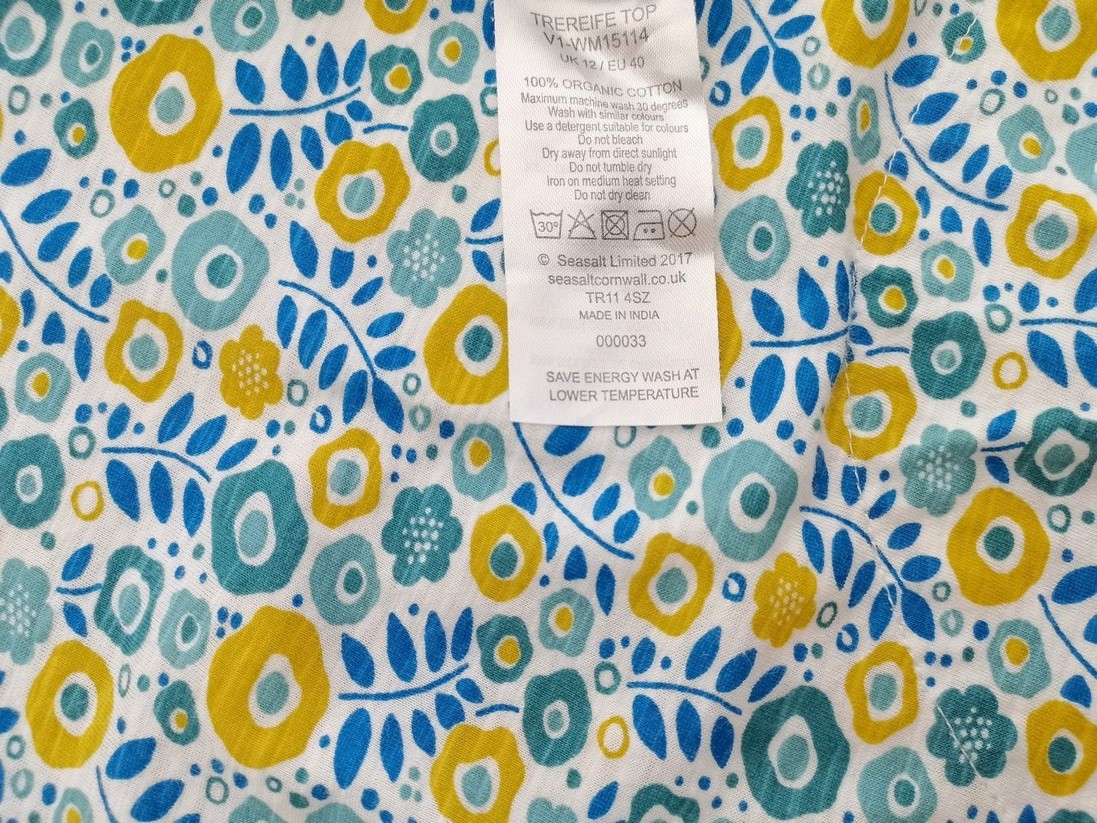 IMG_20220802_123619.jpg Seasalt Rozmiar 12 (40) Kolor Niebieski Roślinny Liście Keyhole Crew Neck Bluzka Rękaw 3/4 Materiał Organiczna Bawełna 100%