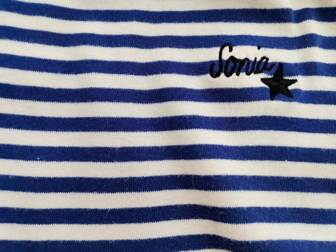 IMG_20220804_123727.jpg SONIA BY SONIA RYKIEL Rozmiar M Kolor Niebieski Pasy Okrągły dekolt Bluzka Krótki rękaw