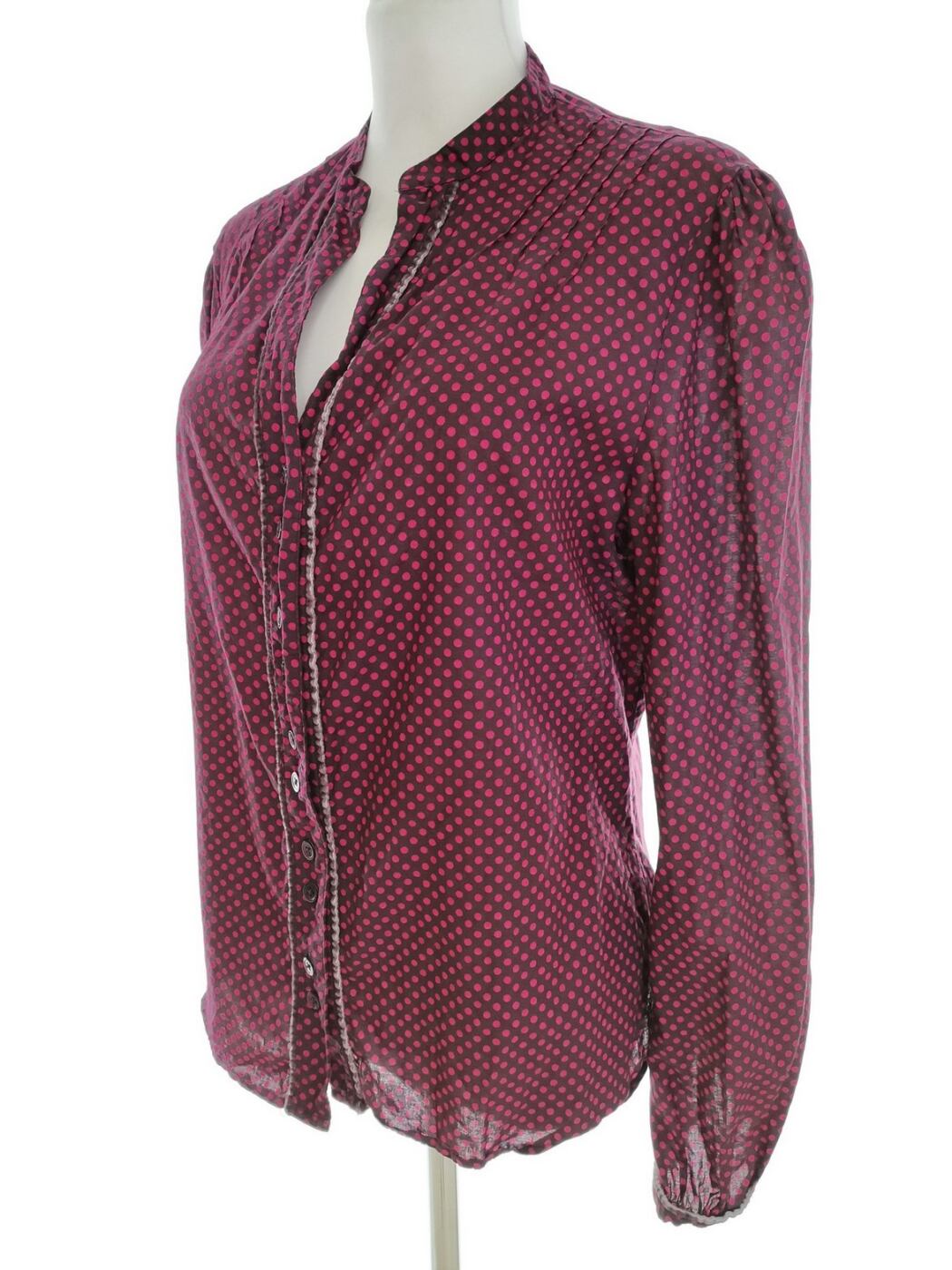 IMG_20220818_104225.jpg Laura ashley Rozmiar 14 (40) Kolor Purpurowy Grochy Split Crew Neck Bluzka Zapinana Długi rękaw Materiał Bawełna 100%