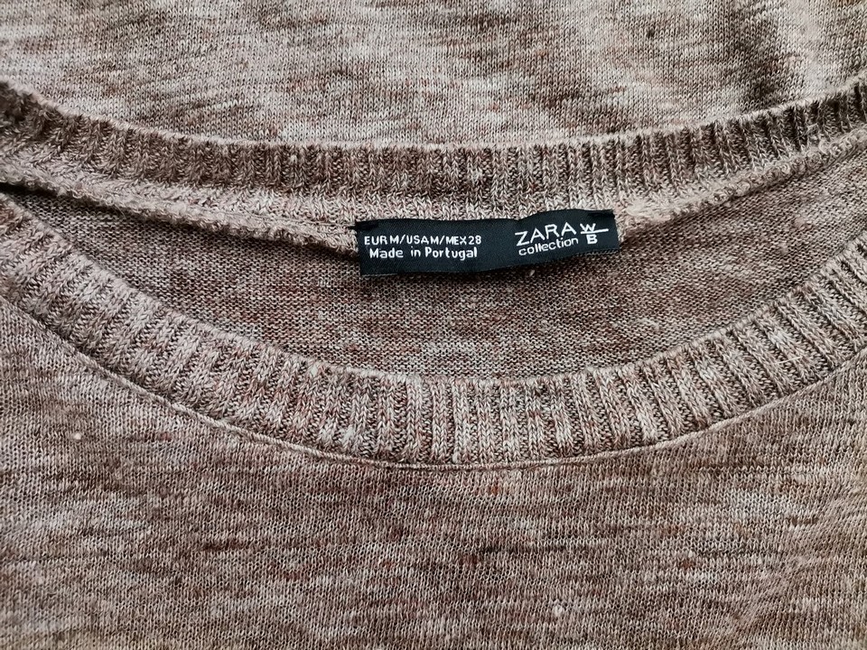 IMG_20220819_103001.jpg Zara Rozmiar M Kolor Brązowy W łódkę Sweter Długi rękaw Materiał Len 100% Cienka dzianina