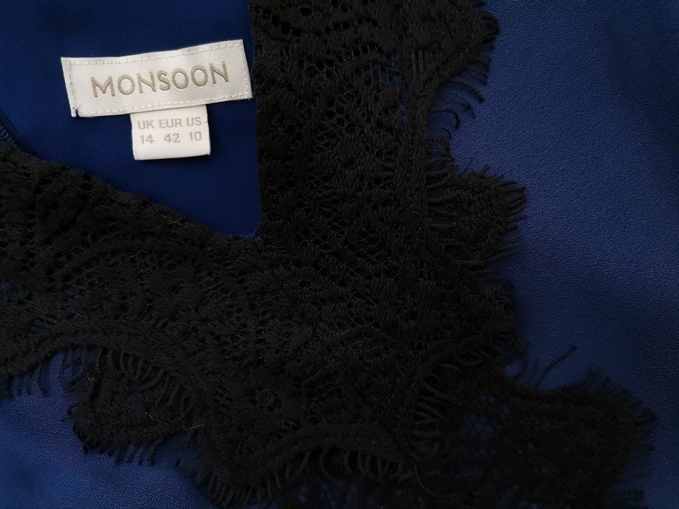Monsoon Rozmiar 14 (42) Kolor Niebieski W serek Sukienka Sheath Bezrękawnik Midi Monsoon Rozmiar 14 (42) Kolor Niebieski W serek Sukienka Sheath Bezrękawnik Midi