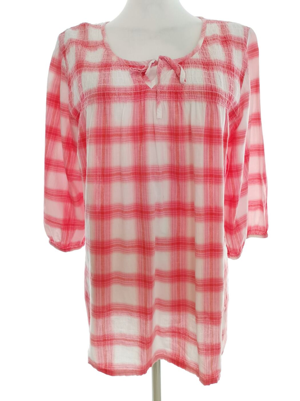 Vintage Rozmiar 42/44 Kolor Różowy Krata Okrągły dekolt Tunika Bluzka Rękaw 3/4