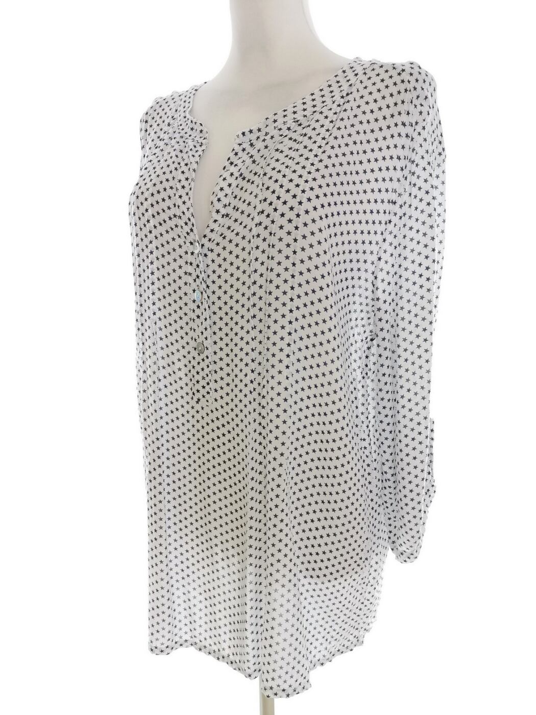 Italy Rozmiar 46/48 Kolor Biały Geometryczny Split Crew Neck Tunika Popover Bluzka Rękaw 3/4 Materiał Wiskoza Italy Rozmiar 46/48 Kolor Biały Geometryczny Split Crew Neck Tunika Popover Bluzka Rękaw 3/4 Materiał Wiskoza