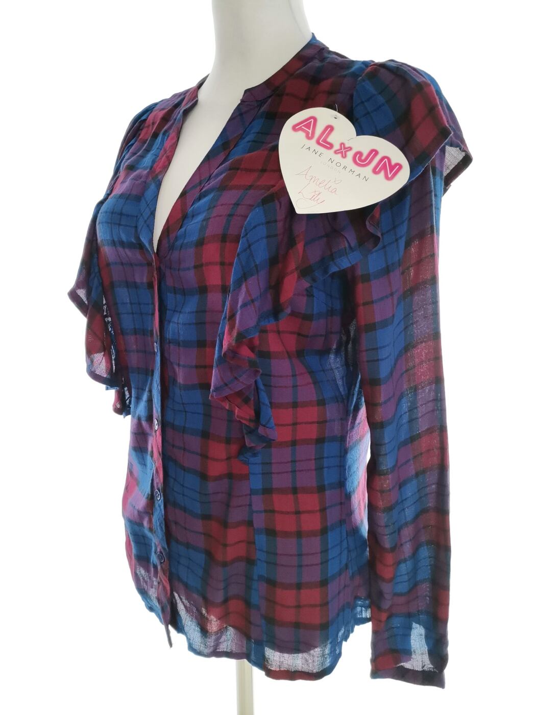 IMG_20220830_131728.jpg Jane norman Rozmiar 10 (36) Kolor Niebieski Krata Split Crew Neck Bluzka Zapinana Długi rękaw Materiał Wiskoza 100%