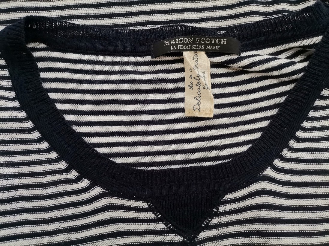 Maison scotch Rozmiar 38/40 Kolor Granatowy Pasy Okrągły dekolt Sukienka Prostokątna Rękaw 3/4 Do Kolan Maison scotch Rozmiar 38/40 Kolor Granatowy Pasy Okrągły dekolt Sukienka Prostokątna Rękaw 3/4 Do Kolan
