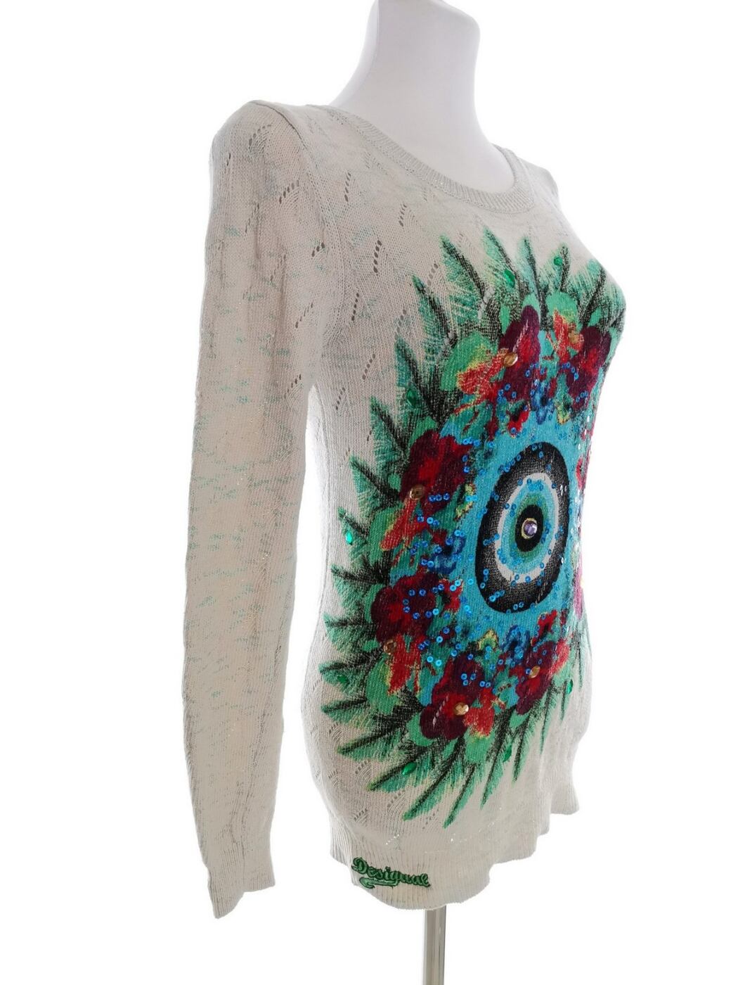 IMG_20220913_142255.jpg DESIGUAL Rozmiar M Kolor Kremowy Crew Neck Długi Sweter Tunika Długi rękaw Cienka dzianina