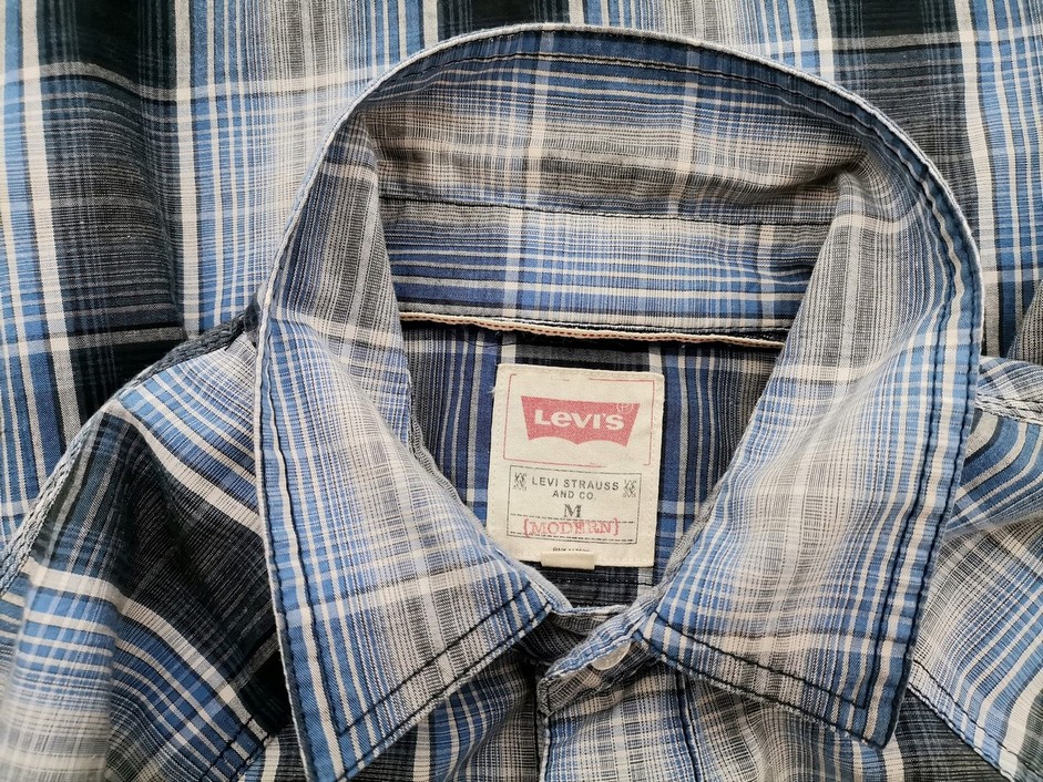 IMG_20220914_111421.jpg Levis Rozmiar M Kolor Niebieski Krata Kołnierz Męska Koszula Casual Długi rękaw Materiał Bawełna