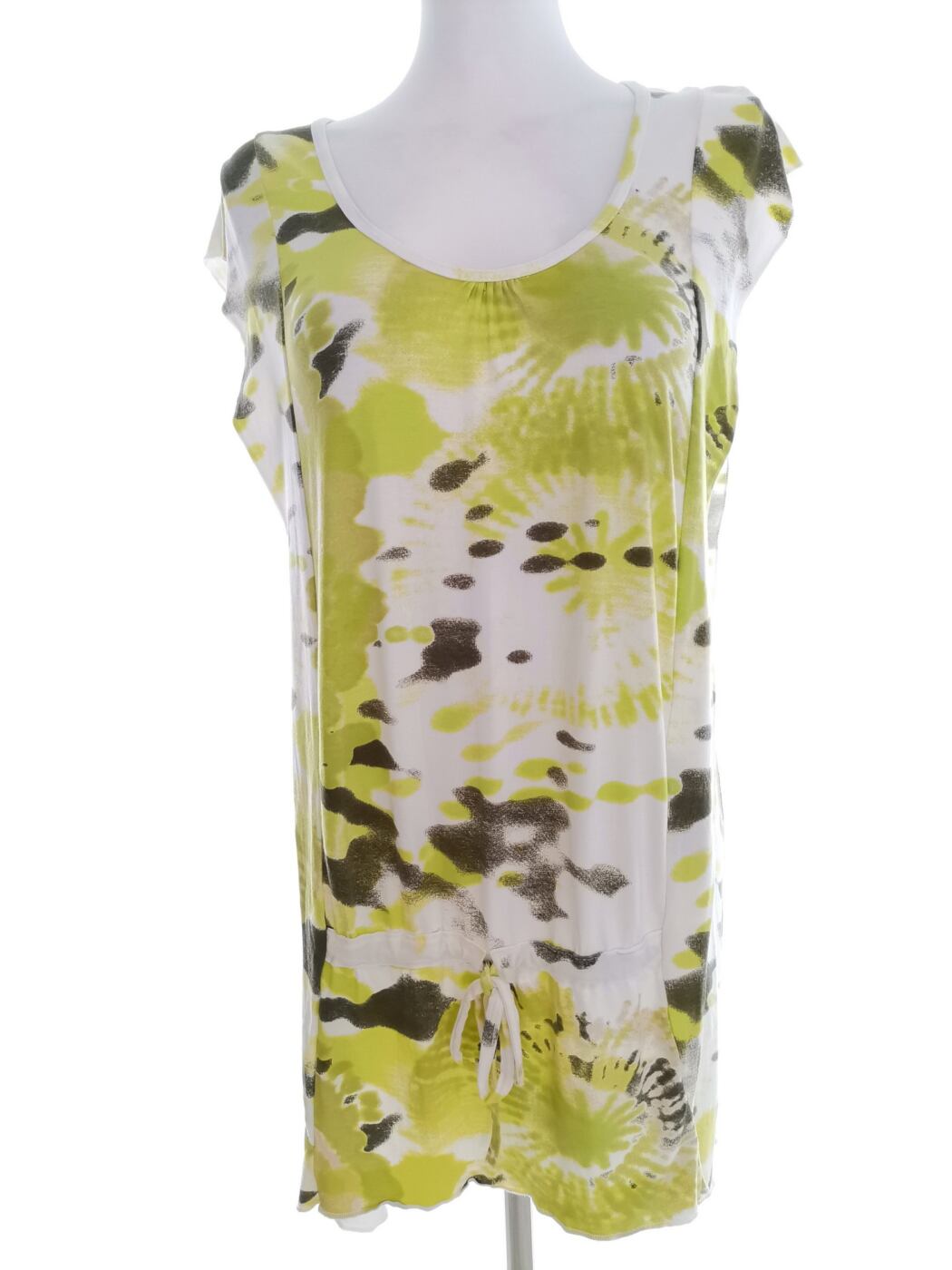Vintage Rozmiar 42/44 Kolor Zielony Floral Owoce Okrągły dekolt Tunika Bluzka Krótki rękaw