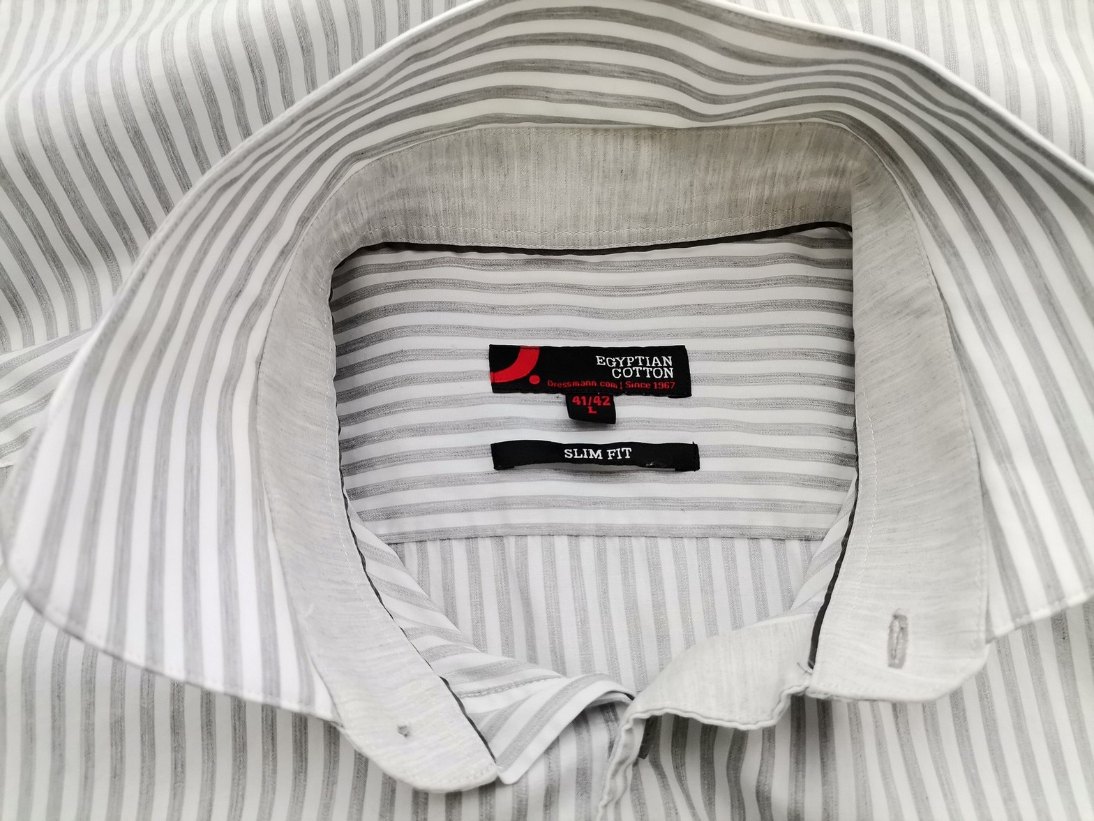 Dressmann Rozmiar 41/42 (L) Kolor Szary Pasy Kołnierz Męska Koszula Elegancka Długi rękaw Materiał Bawełna 100%