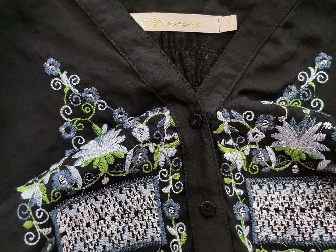 Adc Panacher Rozmiar S/M Kolor Czarny Split Crew Neck Bluzka Popover Guziki Rękaw 3/4 Materiał Bawełna