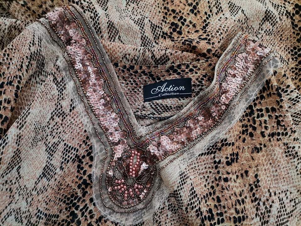 Vintage Kolor Brązowy Panterka W serek Tunika Bluzka Rękaw 3/4 Vintage Kolor Brązowy Panterka W serek Tunika Bluzka Rękaw 3/4