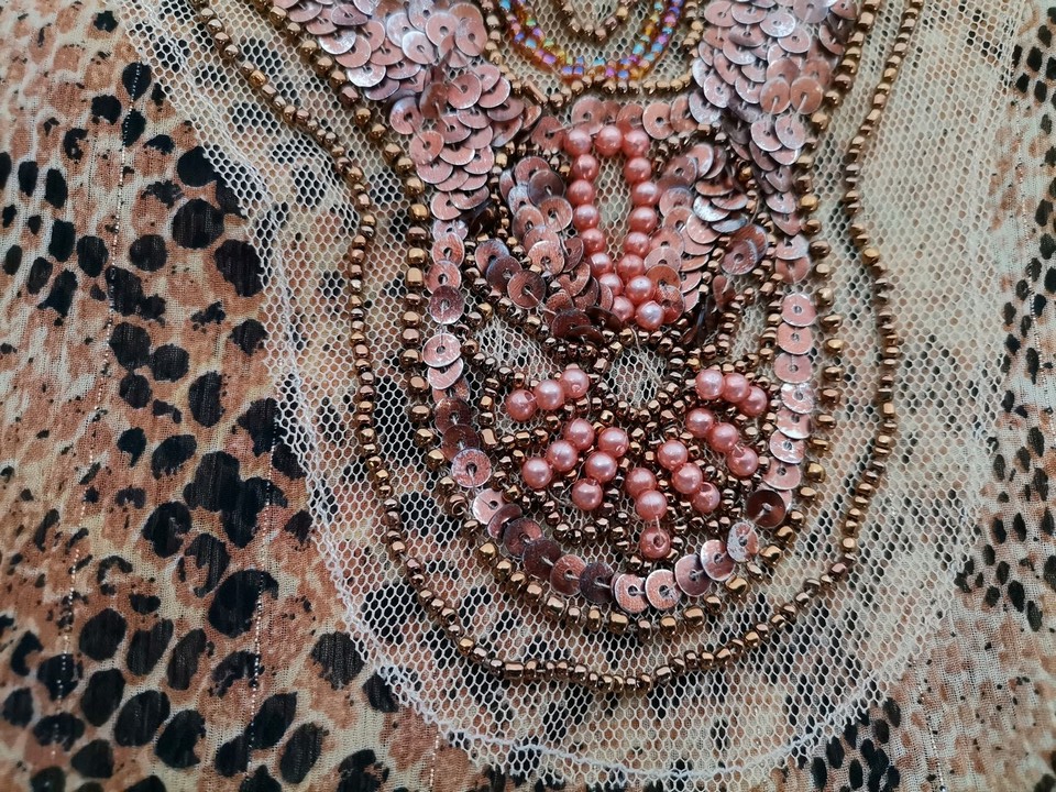 Vintage Kolor Brązowy Panterka W serek Tunika Bluzka Rękaw 3/4 Vintage Kolor Brązowy Panterka W serek Tunika Bluzka Rękaw 3/4