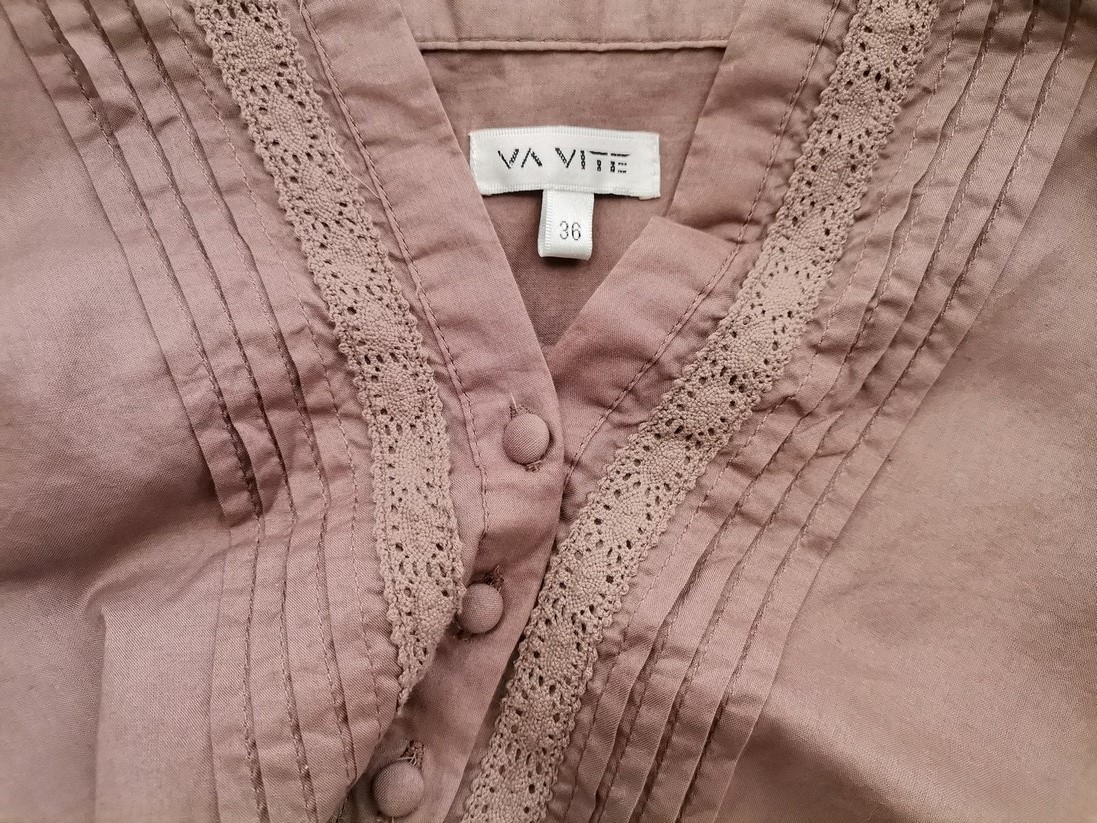 VA VITE Rozmiar 36 Kolor Brązowy Split Crew Neck Tunika Popover Bluzka Długi rękaw Materiał Bawełna 100%