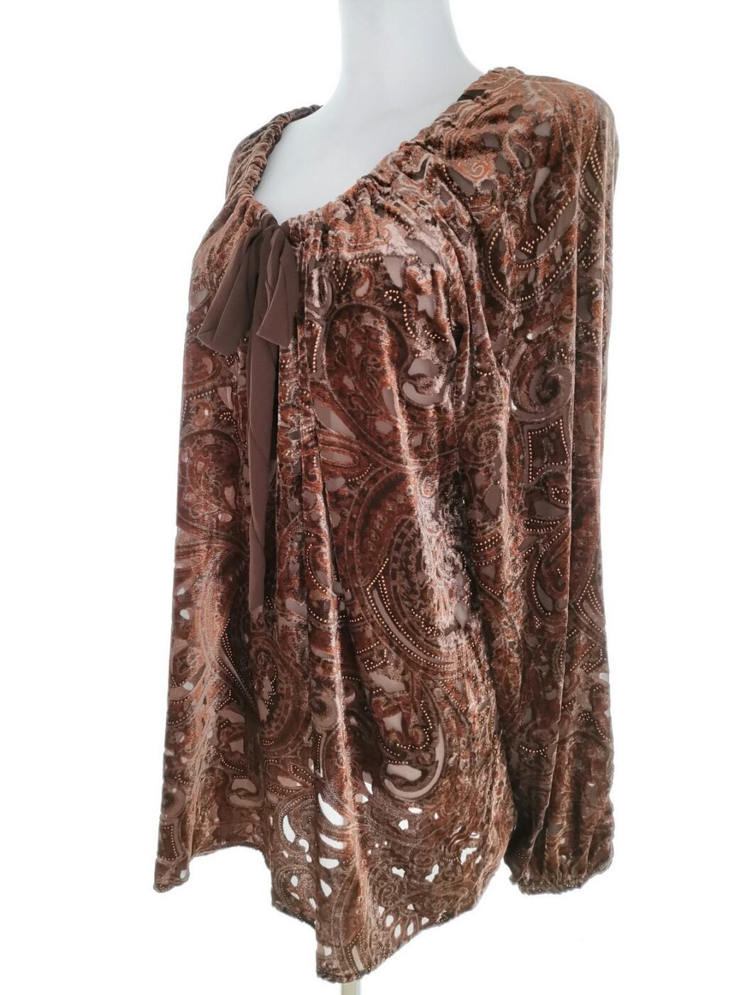 Pm Rozmiar XL Kolor Brązowy Paisley Okrągły dekolt Tunika Bluzka Długi rękaw Pm Rozmiar XL Kolor Brązowy Paisley Okrągły dekolt Tunika Bluzka Długi rękaw