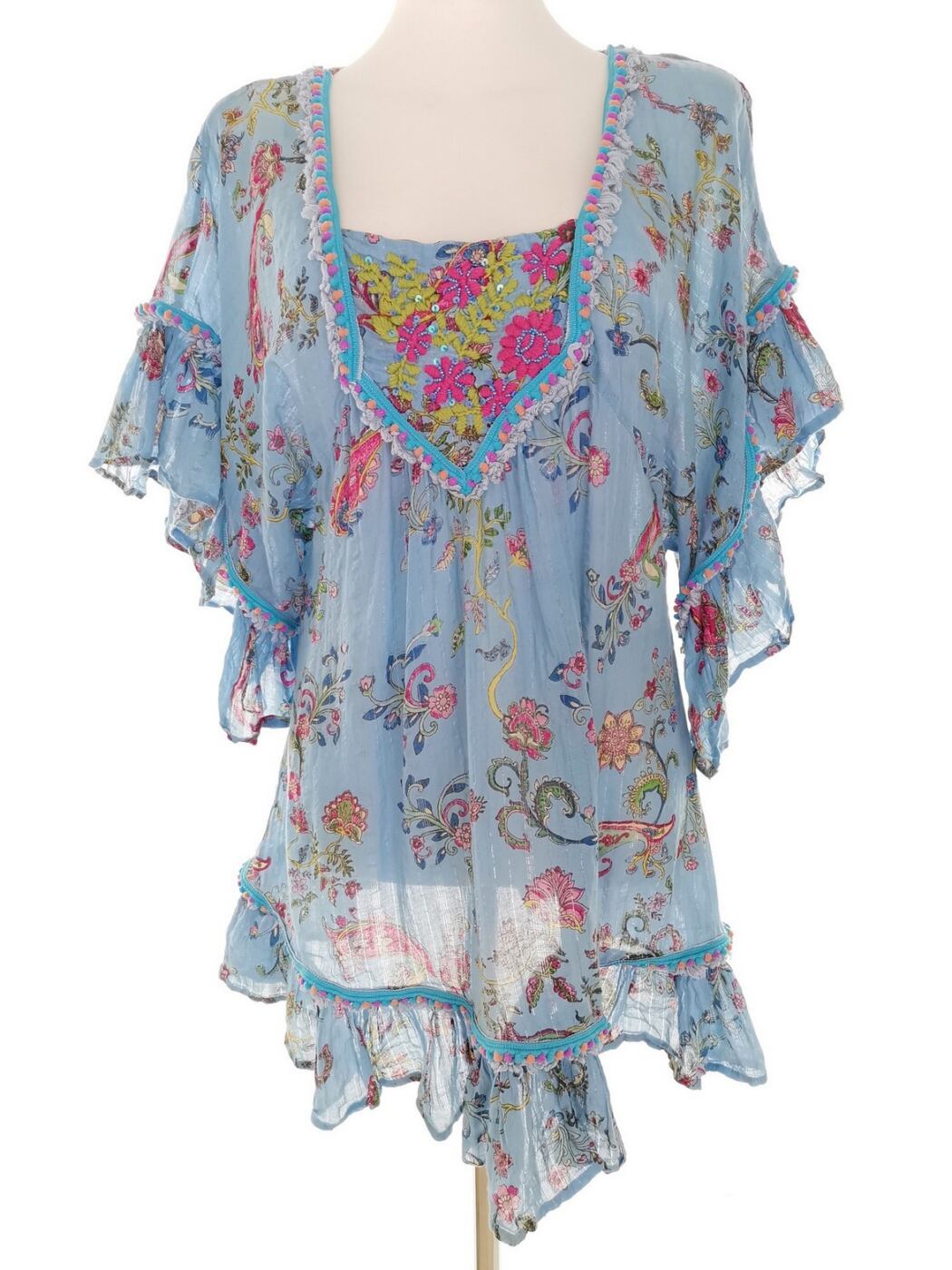 Vintage Rozmiar M Kolor Niebieski Paisley Kwadratowy dekolt Tunika Bluzka Krótki rękaw Materiał Bawełna 100%