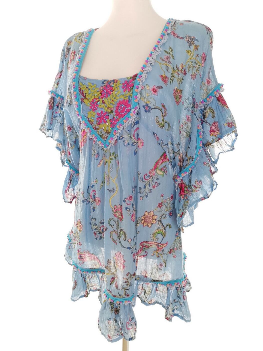 Vintage Rozmiar M Kolor Niebieski Paisley Kwadratowy dekolt Tunika Bluzka Krótki rękaw Materiał Bawełna 100%