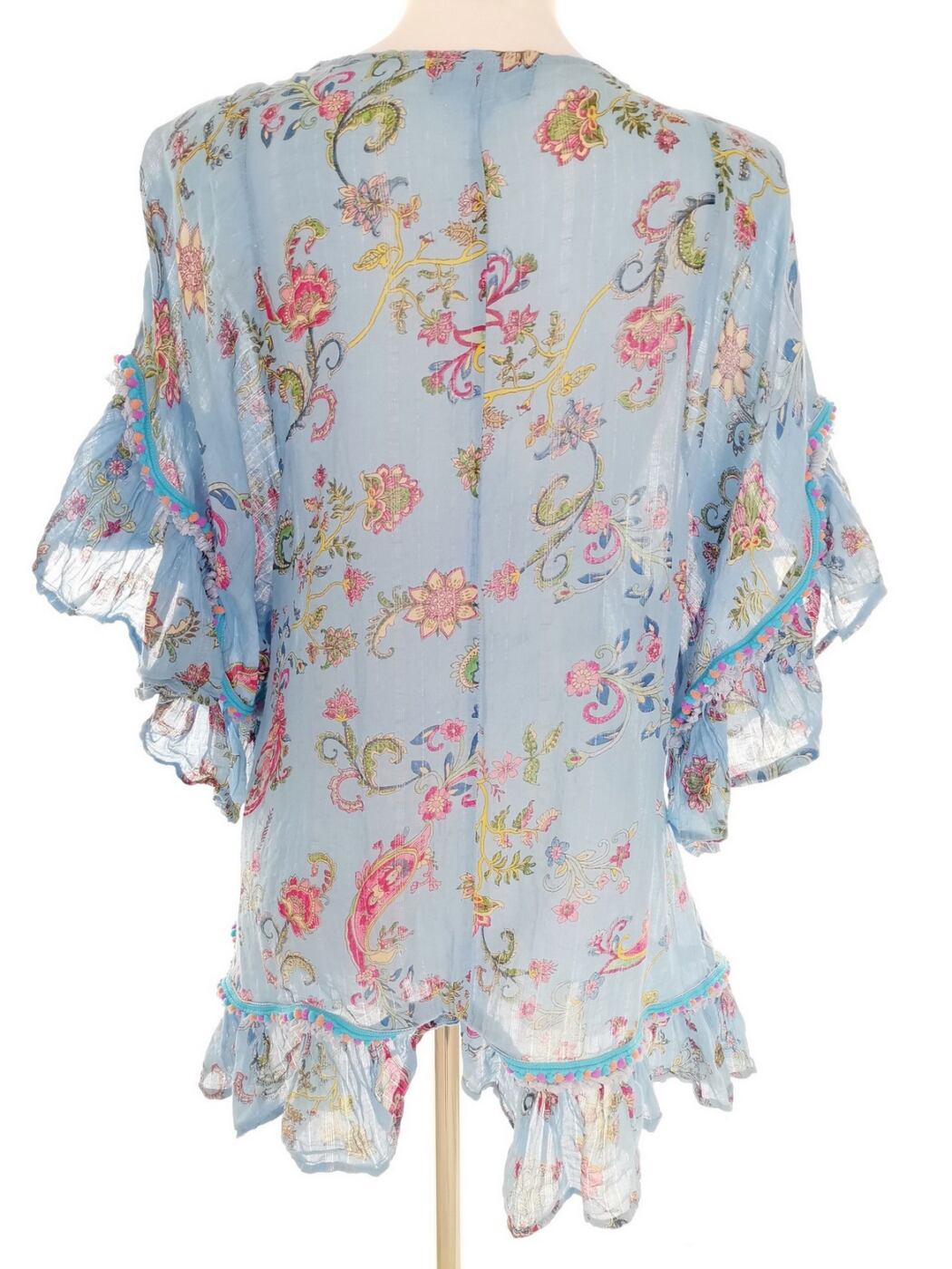 Vintage Rozmiar M Kolor Niebieski Paisley Kwadratowy dekolt Tunika Bluzka Krótki rękaw Materiał Bawełna 100%