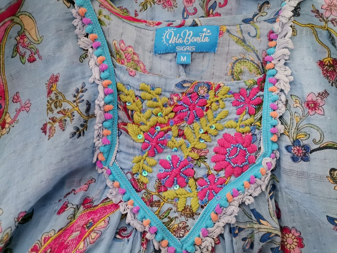 Vintage Rozmiar M Kolor Niebieski Paisley Kwadratowy dekolt Tunika Bluzka Krótki rękaw Materiał Bawełna 100%
