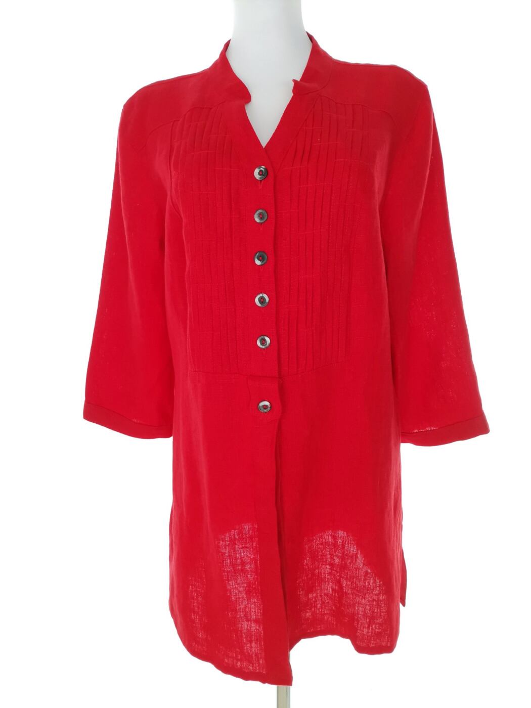 egLinen Rozmiar M Kolor Czerwony Split Crew Neck Tunika Zapinana Bluzka Rękaw 3/4 Materiał Len 100%