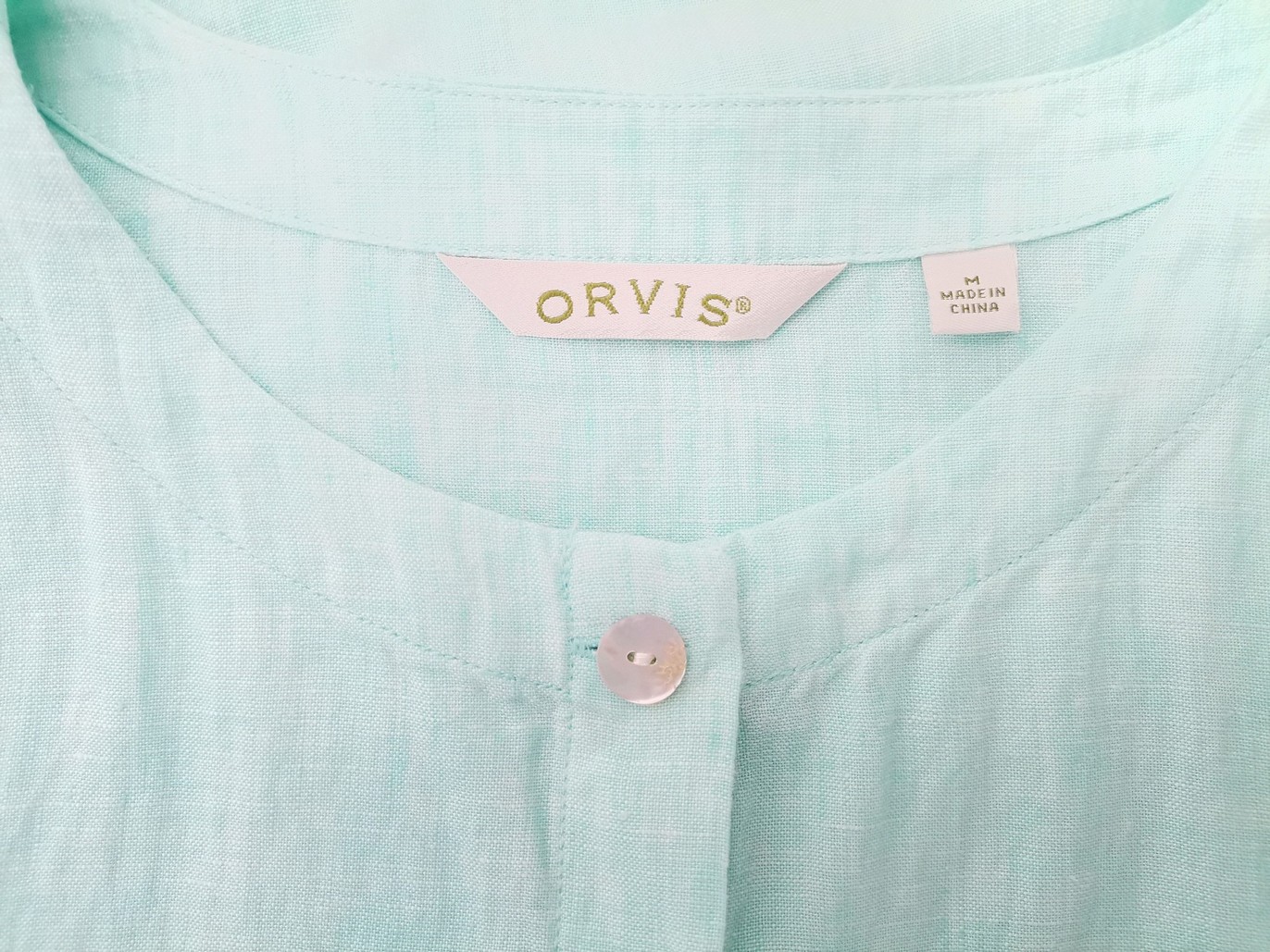 ORVIS Rozmiar M Kolor Niebieski Crew Neck Bluzka Zapinana Krótki rękaw Materiał Len 100%