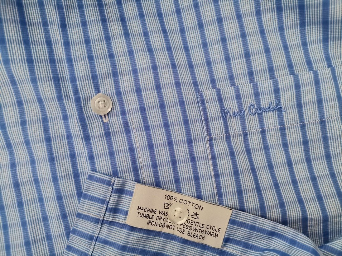 Pierre Cardin Rozmiar M Kolor Niebieski Krata Kołnierz Męska Koszula Casual Krótki rękaw Materiał Bawełna 100%