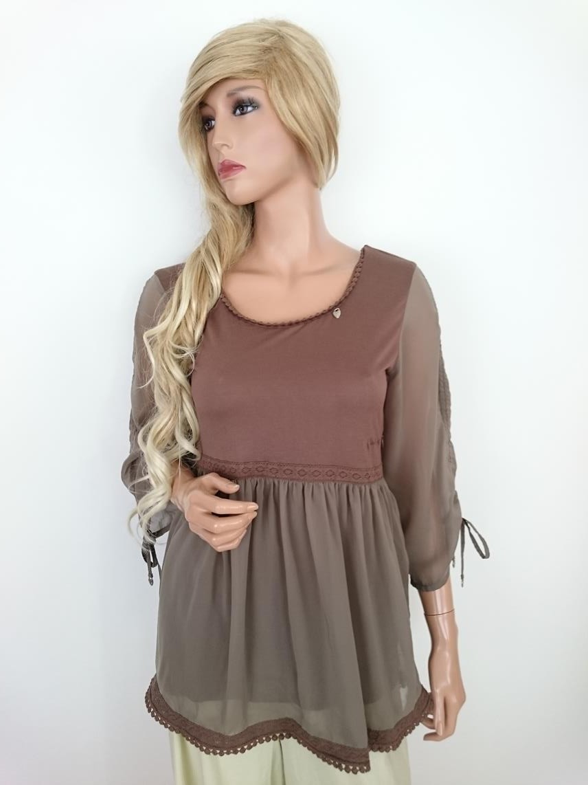 Du&jag Rozmiar S Kolor Brązowy Okrągły dekolt Tunika Bluzka Rękaw 3/4 Materiał Rayon 100%