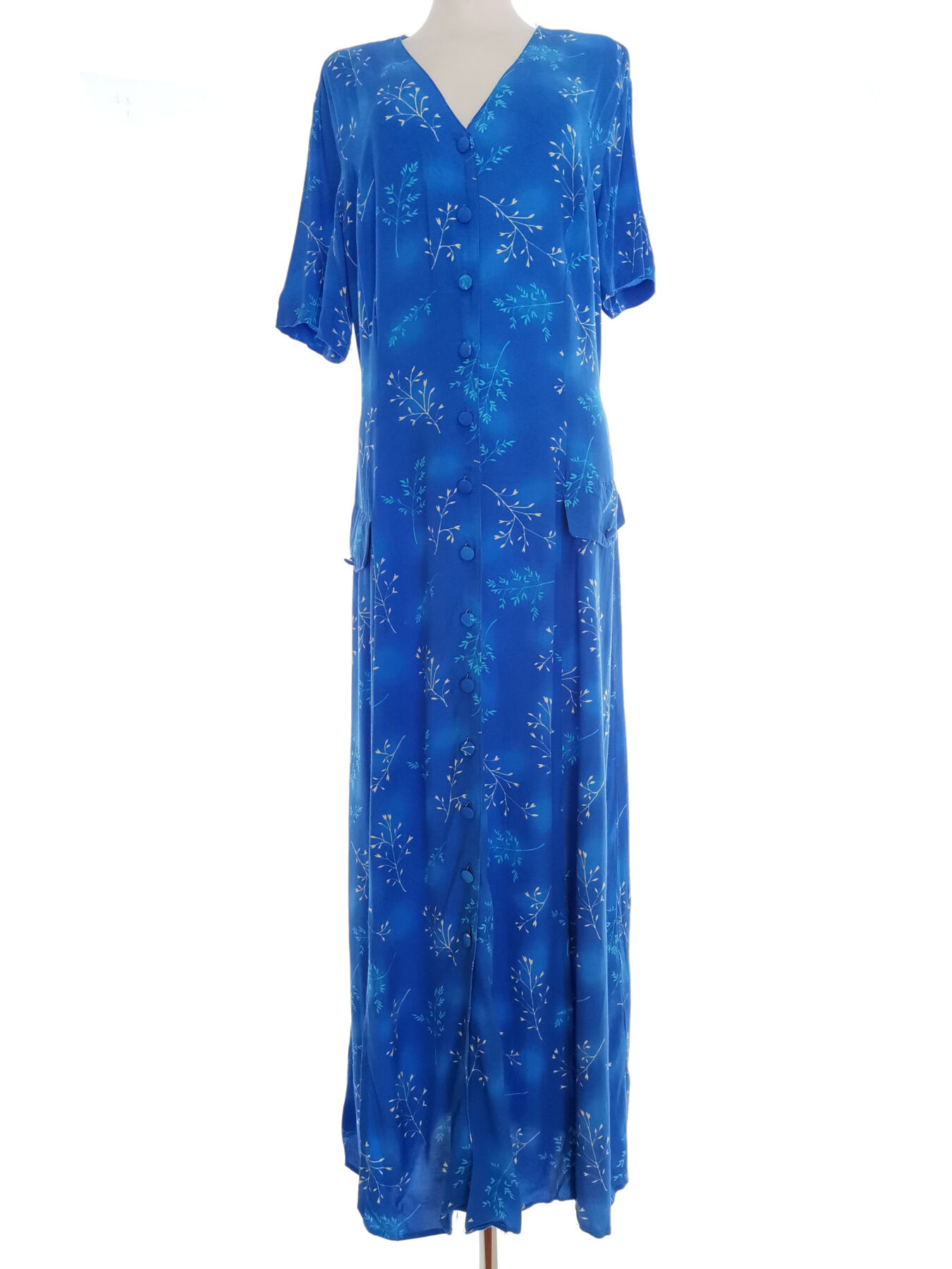 Vintage Rozmiar 18 (46) Kolor Niebieski W serek Sukienka Koszulowa Krótki rękaw Długa Materiał Wiskoza 100%