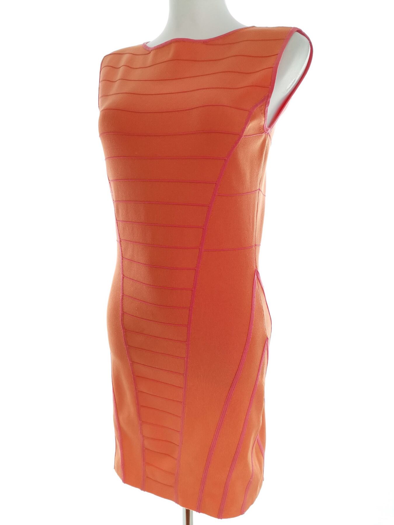 IMG_20221003_115631.jpg Ted Baker Rozmiar 2 (36) Kolor Pomarańczowy Pasy Okrągły dekolt Sukienka Bodycon Bezrękawnik Do Kolan