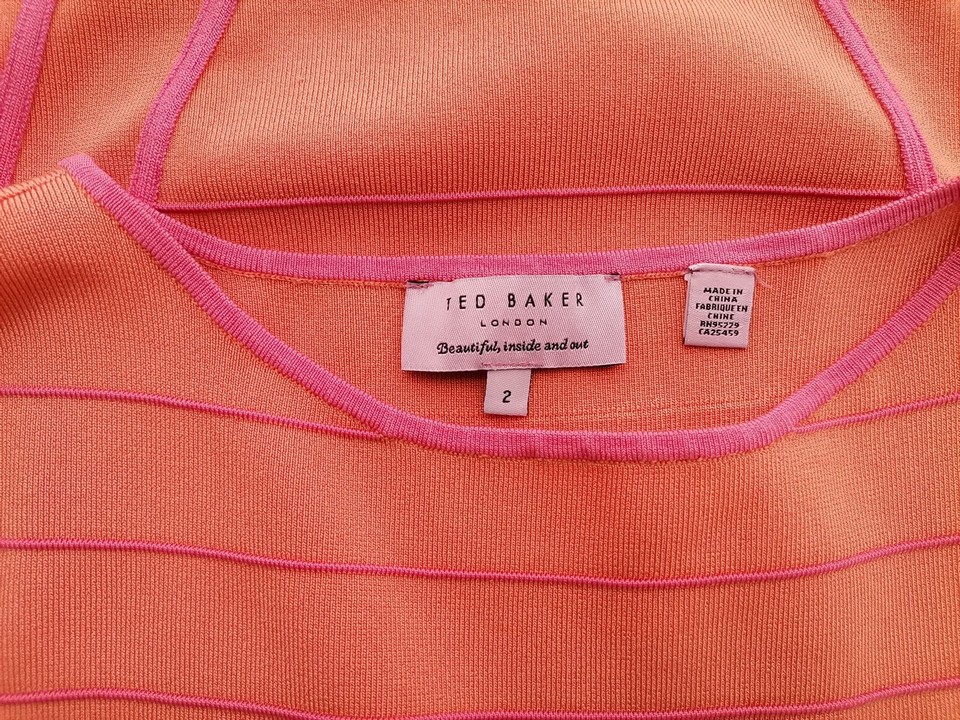 IMG_20221003_115703.jpg Ted Baker Rozmiar 2 (36) Kolor Pomarańczowy Pasy Okrągły dekolt Sukienka Bodycon Bezrękawnik Do Kolan