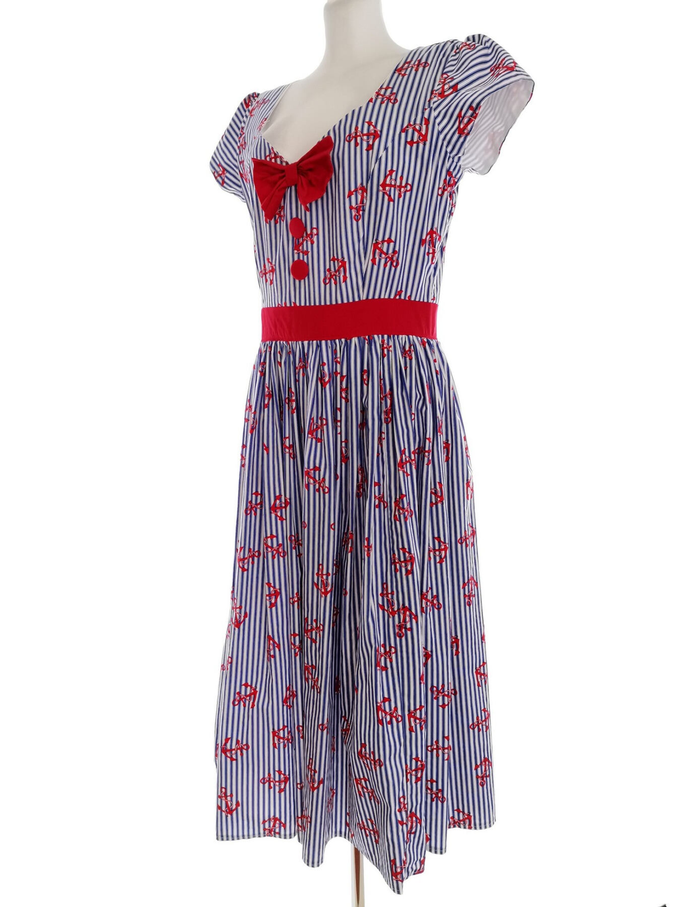 IMG_20221012_134402.jpg Hollie Blue Retro by Donna Grant Rozmiar 42/44 Kolor Niebieski Pasy W serek Sukienka Maxi Krótki rękaw Długa