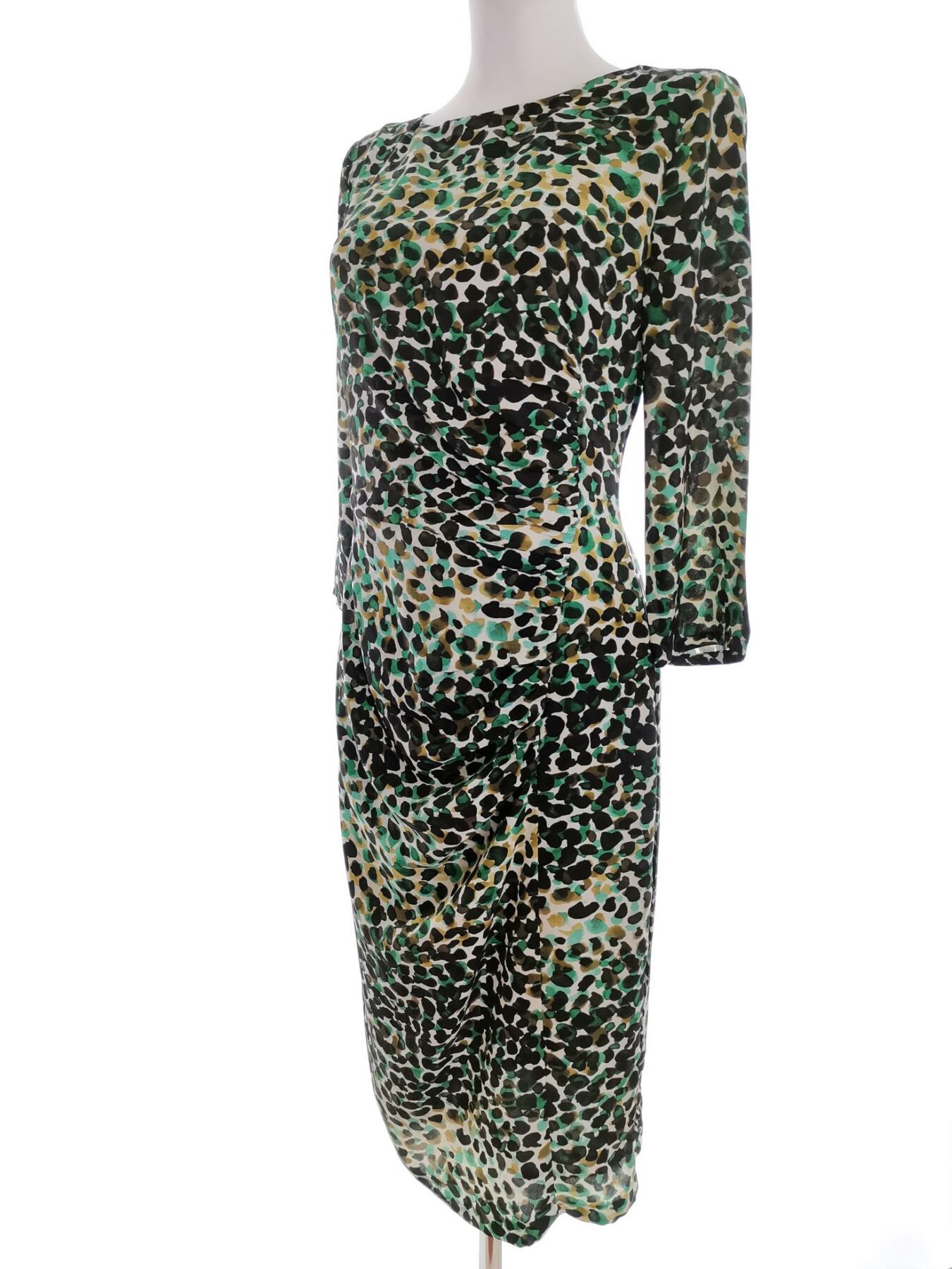 IMG_20221012_141328.jpg Farhi by Nicole Farhi Rozmiar S (34) Kolor Zielony Panterka Okrągły dekolt Sukienka Bodycon Rękaw 3/4 Midi