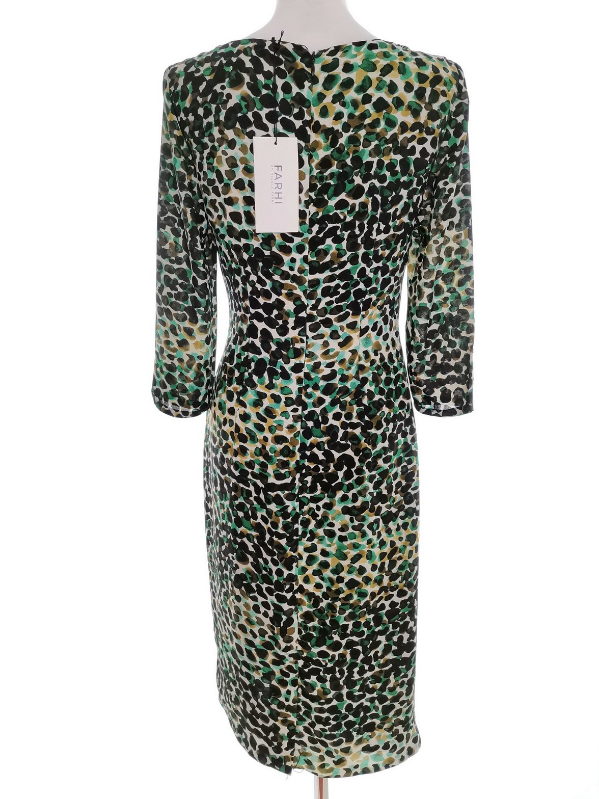 IMG_20221012_141338.jpg Farhi by Nicole Farhi Rozmiar S (34) Kolor Zielony Panterka Okrągły dekolt Sukienka Bodycon Rękaw 3/4 Midi